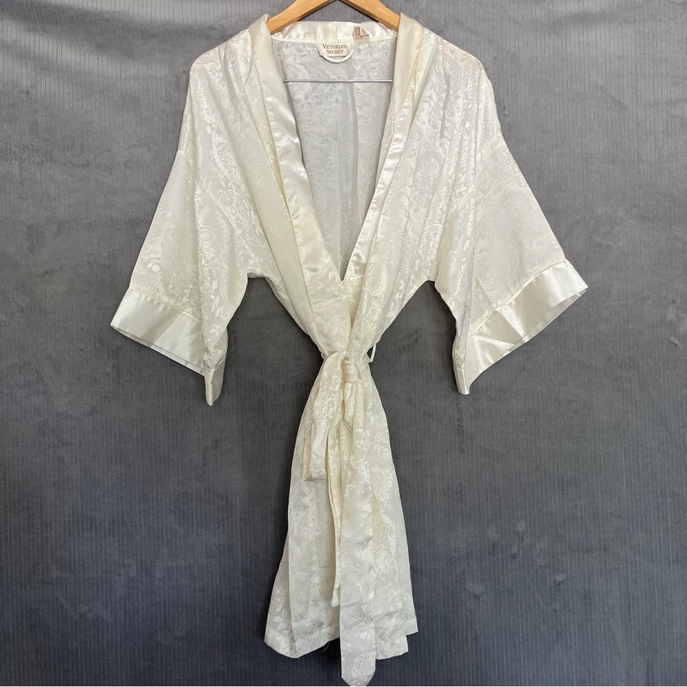 Vintage Victoria's Secret White Silky Gold Label Bridal Robe Classic Tie Kimono
